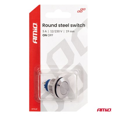 Rund stålkontakt ON/OFF 19mm 5A 12/230V AMIO-04474