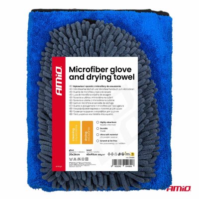Mikrofiberhandske og tørrehåndklæde 94/800gsm 20x26/60x90cm AMIO-04489