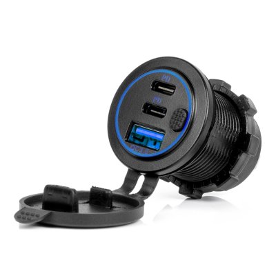 Vandtæt Telefonoplader med Kontrol BLÅ LED Baggrundsbelysning USB + 2xUSB C QC3.0 12/24V AMIO-04596