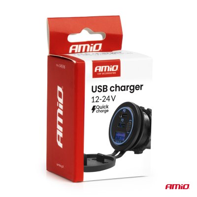 Vandtæt Telefonoplader med Kontrol BLÅ LED Baggrundsbelysning USB + 2xUSB C QC3.0 12/24V AMIO-04596