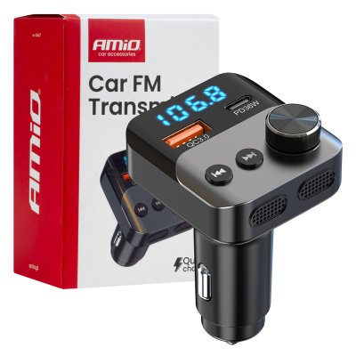 Bil FM-sender 1×USB-A 1×USB-C 12V 24V AMIO-04647