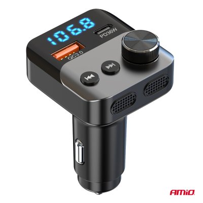 Bil FM-sender 1×USB-A 1×USB-C 12V 24V AMIO-04647