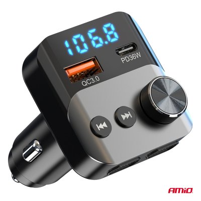 Bil FM-sender 1×USB-A 1×USB-C 12V 24V AMIO-04647