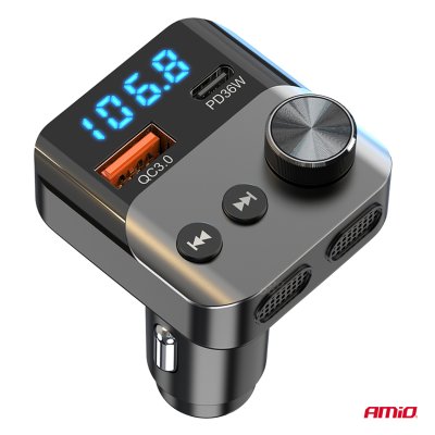 Bil FM-sender 1×USB-A 1×USB-C 12V 24V AMIO-04647