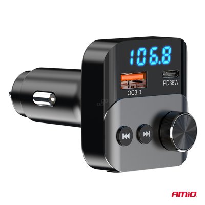 Bil FM-sender 1×USB-A 1×USB-C 12V 24V AMIO-04647