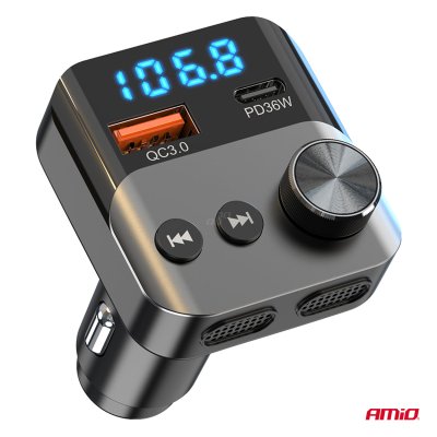 Bil FM-sender 1×USB-A 1×USB-C 12V 24V AMIO-04647