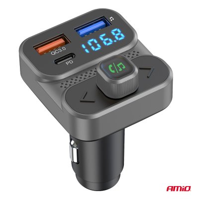 Bil FM Transmitter 2×USB-A 1×USB 12V 24V AMIO-04649