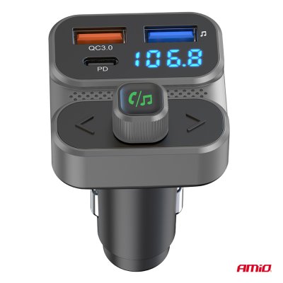 Bil FM Transmitter 2×USB-A 1×USB 12V 24V AMIO-04649