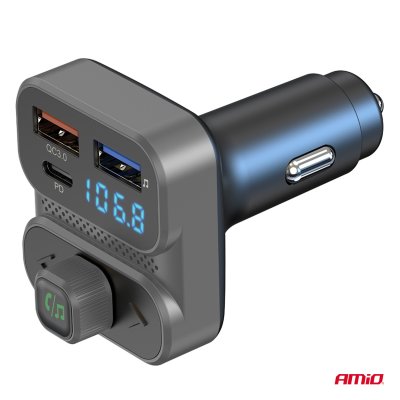 Bil FM Transmitter 2×USB-A 1×USB 12V 24V AMIO-04649