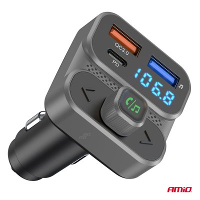Bil FM Transmitter 2×USB-A 1×USB 12V 24V AMIO-04649