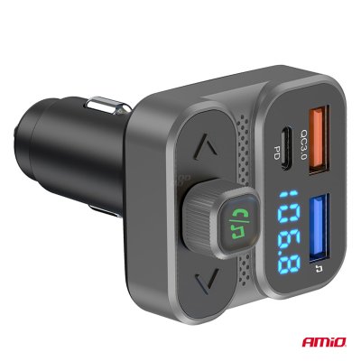 Bil FM Transmitter 2×USB-A 1×USB 12V 24V AMIO-04649