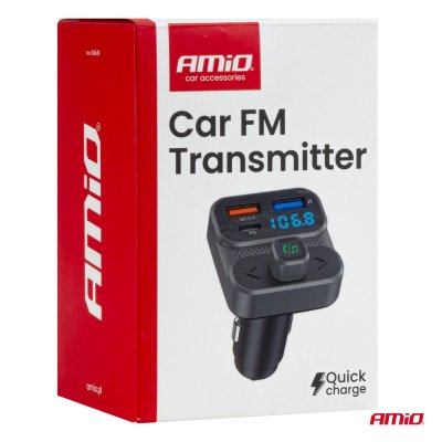 Bil FM Transmitter 2×USB-A 1×USB 12V 24V AMIO-04649
