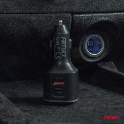 Bil FM Transmitter 1×USB-A 2×USB-C 12V 24V AMIO-04651