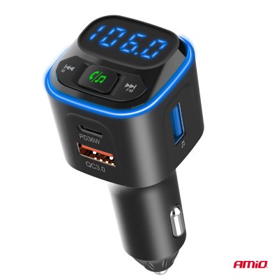 Bil FM Transmitter 1×USB-A 2×USB-C 12V 24V AMIO-04651