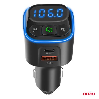 Bil FM Transmitter 1×USB-A 2×USB-C 12V 24V AMIO-04651