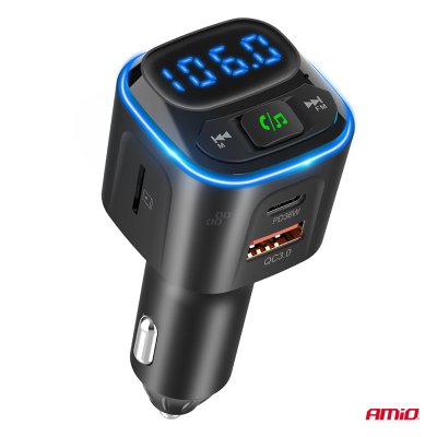 Bil FM Transmitter 1×USB-A 2×USB-C 12V 24V AMIO-04651