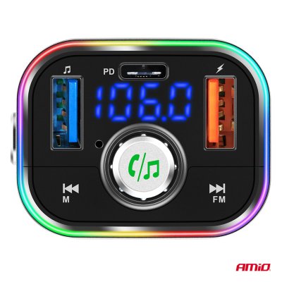 Bil FM Sender 1×USB-C microSD 12V 24V AMIO-04652