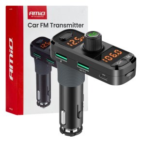 Bil FM Transmitter 2×USB-A 1×USB-C mircoSD 12V 24V AMIO-04653