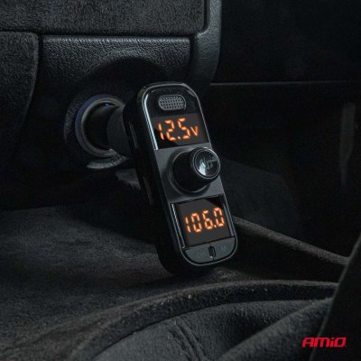 Bil FM Transmitter 2×USB-A 1×USB-C mircoSD 12V 24V AMIO-04653