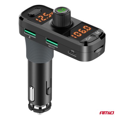 Bil FM Transmitter 2×USB-A 1×USB-C mircoSD 12V 24V AMIO-04653
