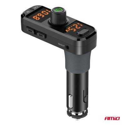Bil FM Transmitter 2×USB-A 1×USB-C mircoSD 12V 24V AMIO-04653