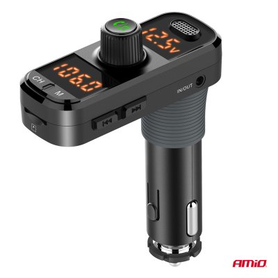 Bil FM Transmitter 2×USB-A 1×USB-C mircoSD 12V 24V AMIO-04653