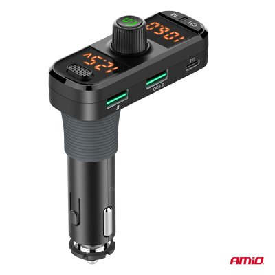 Bil FM Transmitter 2×USB-A 1×USB-C mircoSD 12V 24V AMIO-04653