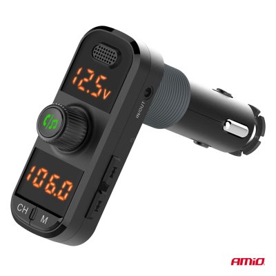 Bil FM Transmitter 2×USB-A 1×USB-C mircoSD 12V 24V AMIO-04653