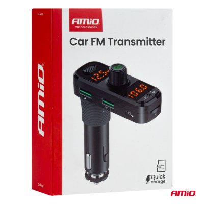 Bil FM Transmitter 2×USB-A 1×USB-C mircoSD 12V 24V AMIO-04653
