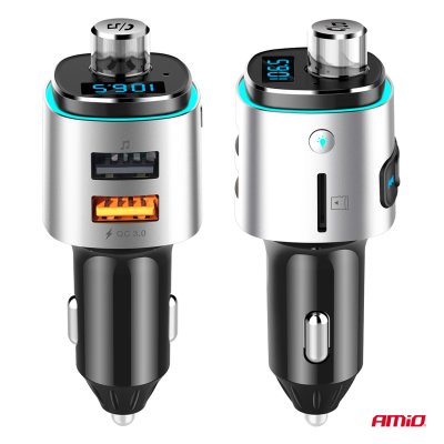 Bil FM-transmitter 2×USB-A microSD 12V 24V AMIO-04654