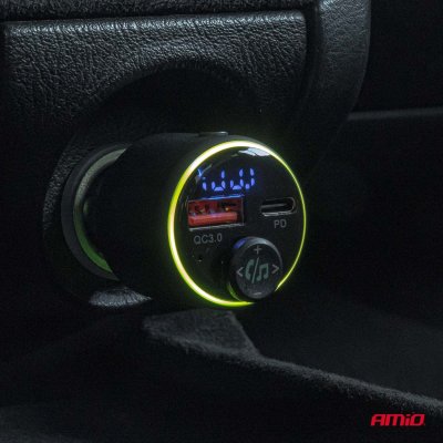 Bil FM Transmitter 1×USB-A 1×USB-C 12V 24V AMIO-04655