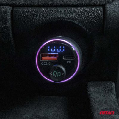 Bil FM Transmitter 1×USB-A 1×USB-C 12V 24V AMIO-04655