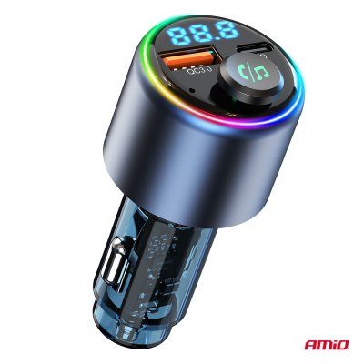 Bil FM Transmitter 1×USB-A 1×USB-C 12V 24V AMIO-04655