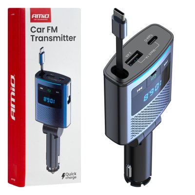 Bil FM-sender 1×USB-A 1×USB-C 12V 24V AMIO-04656