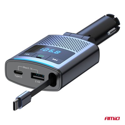 Bil FM-sender 1×USB-A 1×USB-C 12V 24V AMIO-04656