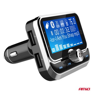Bil FM-transmitter med fjernbetjening 2×USB-A 12V 24V AMIO-04657