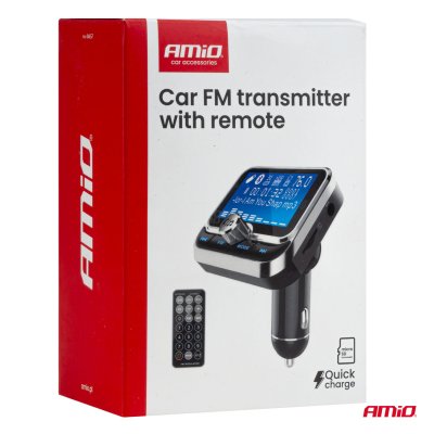 Bil FM-transmitter med fjernbetjening 2×USB-A 12V 24V AMIO-04657