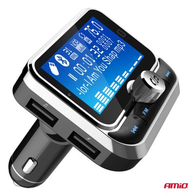 Bil FM-transmitter med fjernbetjening 2×USB-A 12V 24V AMIO-04657
