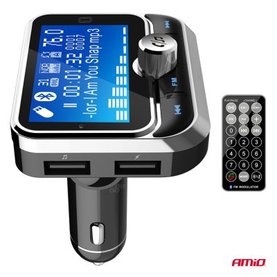 Bil FM-transmitter med fjernbetjening 2×USB-A 12V 24V AMIO-04657