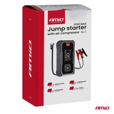 Bærbar 4i1 Starthjælp/LED/Kompressor/Powerbank 12V 7,2Ah 600A PRO AMIO-04674
