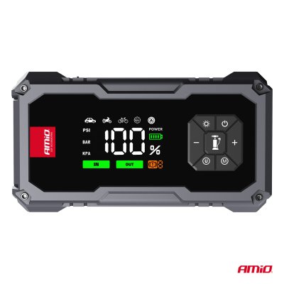 Bærbar 4i1 Starthjælp/LED/Kompressor/Powerbank 12V 7,2Ah 600A PRO AMIO-04674