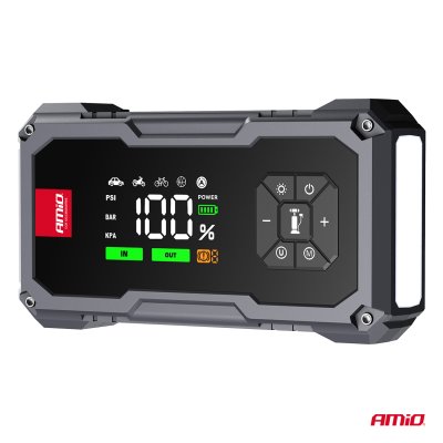 Bærbar 4i1 Starthjælp/LED/Kompressor/Powerbank 12V 7,2Ah 600A PRO AMIO-04674