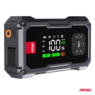 Bærbar 4i1 Starthjælp/LED/Kompressor/Powerbank 12V 7,2Ah 600A PRO AMIO-04674