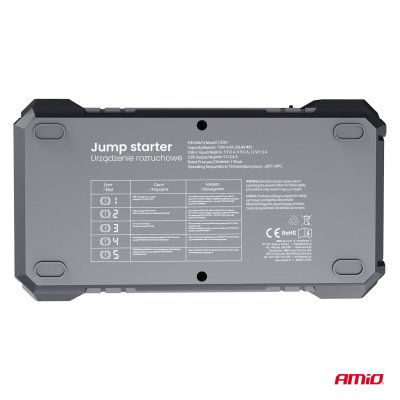 Bærbar 4i1 Starthjælp/LED/Kompressor/Powerbank 12V 7,2Ah 600A PRO AMIO-04674