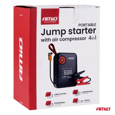 Bærbar mini 4i1 starthjælp/LED/luftkompressor/ powerbank 12V 7,2Ah 600A PRO AMIO-04675