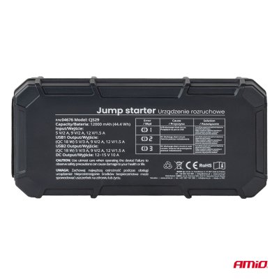 Bærbar 3i1 Starthjælp/LED/Powerbank 12V 12Ah 1000A PRO AMIO-04676