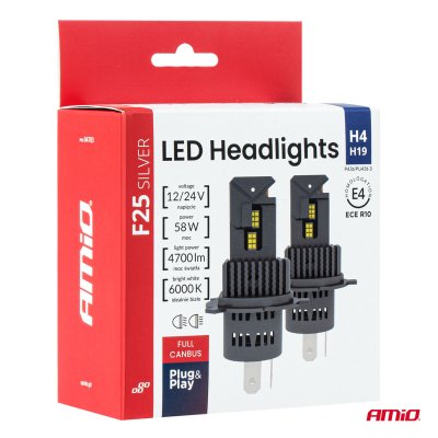 LED Forlygter Serie F25 SILVER FULL CANBUS H4/H19 54/58W 12V 24V AMIO-04703