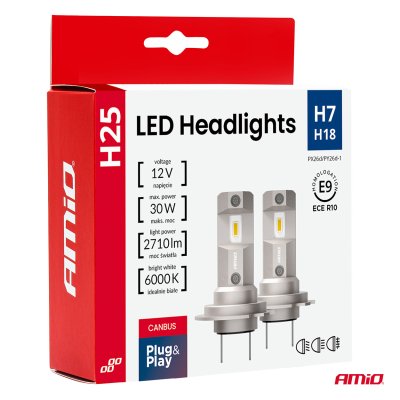 LED Forlygter Serie H25 CANBUS H7 H18 12V 30W AMIO-04712