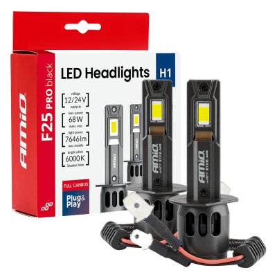 LED Forlygter Serie F25 PRO SORT FULL CANBUS H1 68W 12V 24V AMIO-04717