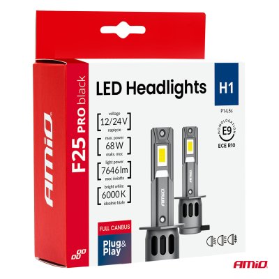 LED Forlygter Serie F25 PRO SORT FULL CANBUS H1 68W 12V 24V AMIO-04717